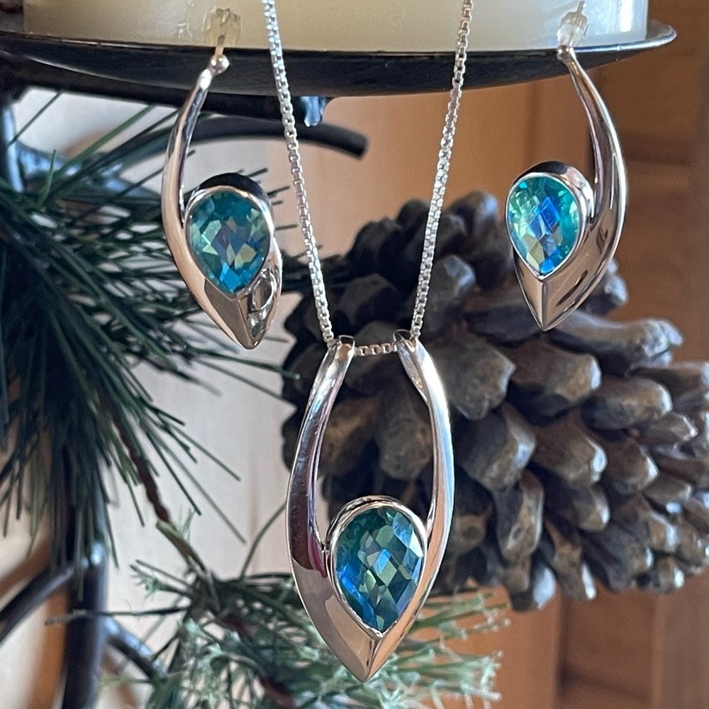 Stunning! Caribbean Blue Green Quartz Pendant & Earrings Set Sterling Silver - Picture 1 of 14